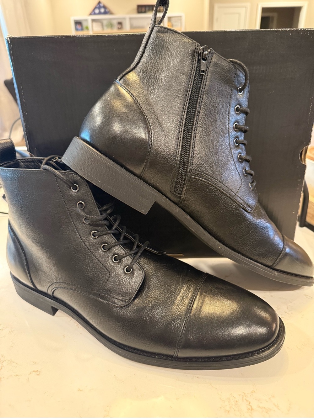 jf j.ferrar Black Leather Lace-Up Ankle Boots with Side Zipper